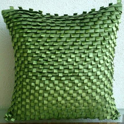Green Decorative Pillows Cover, Faux Suede 16"x16" Textured Pintucks & Ribbon Loops Pillows Cover - Go Green