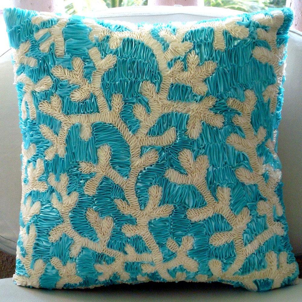 Blue Euro Shams, Art Silk 26"x26" Corals Ribbon Beach And Ocean Theme Euro Pillow Shams - Aqua Ornate