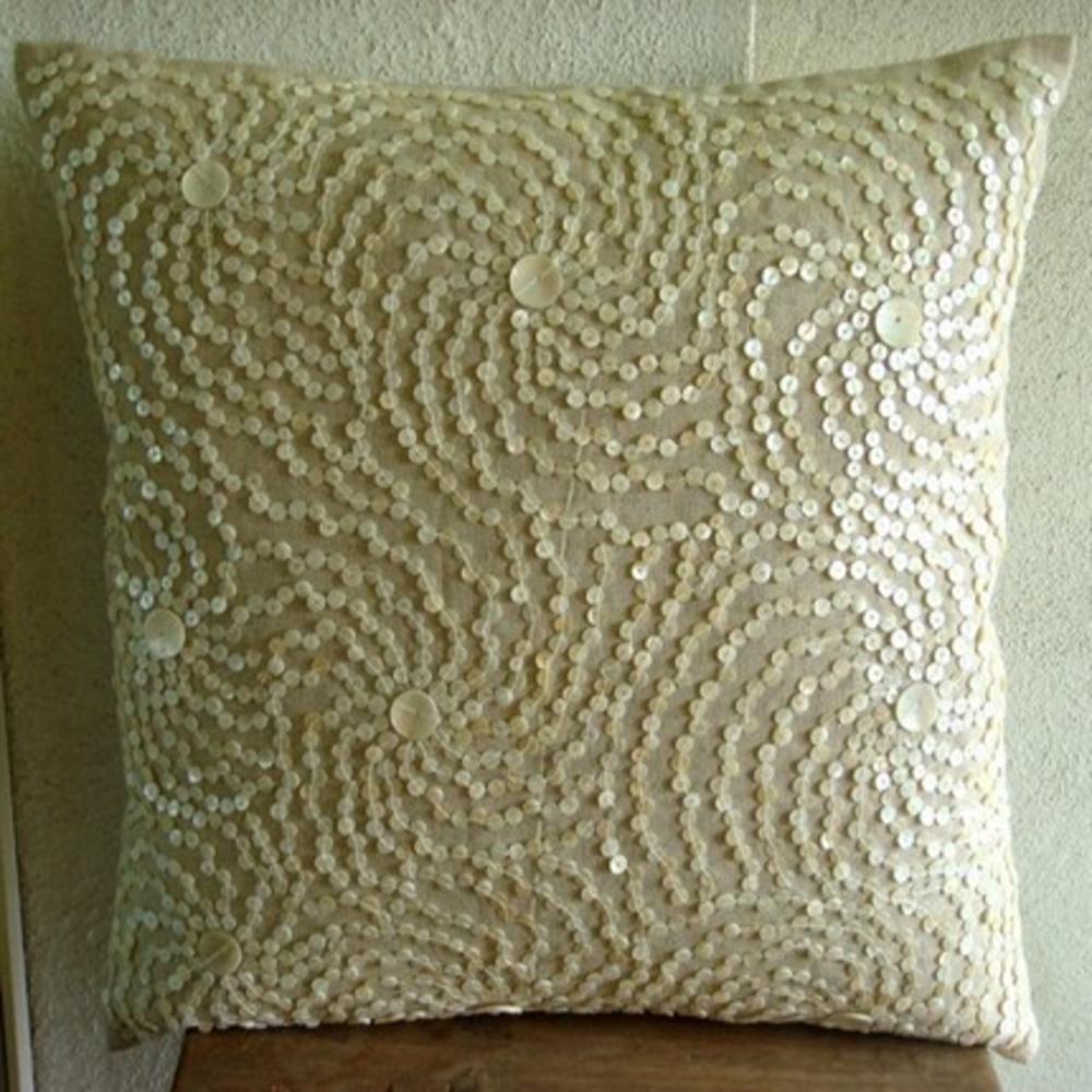 Ecru Pillow Covers, Cotton Linen 16"x16" Spiral Mother Of Pearls Pillows Cover - Splash Of Paradise