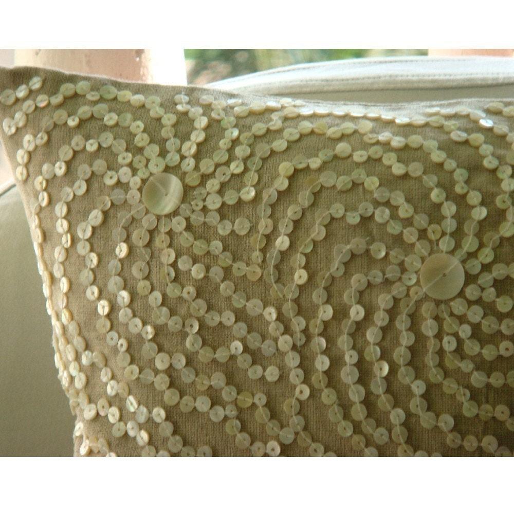 Ecru Pillow Covers, Cotton Linen 16"x16" Spiral Mother Of Pearls Pillows Cover - Splash Of Paradise