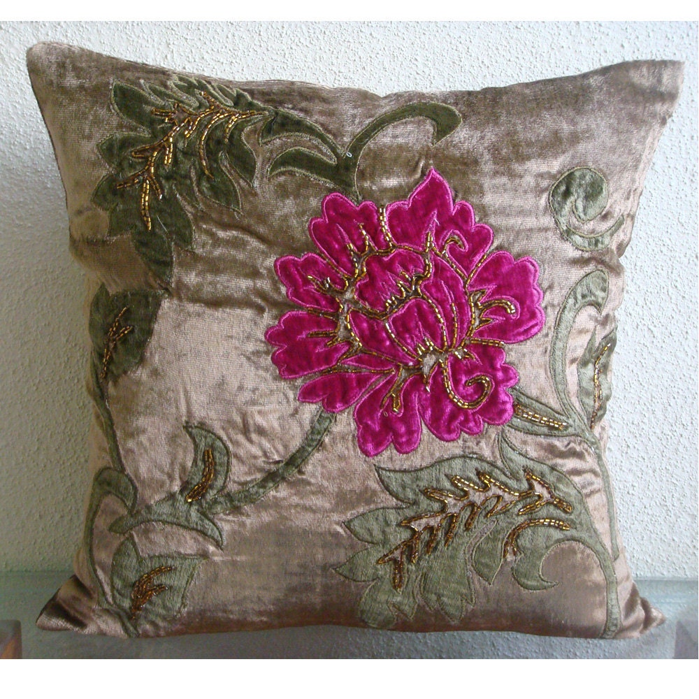 Brown Shams, Velvet 24"x24" Multicolor Applique Floral Pillow Shams - Applique Blossom