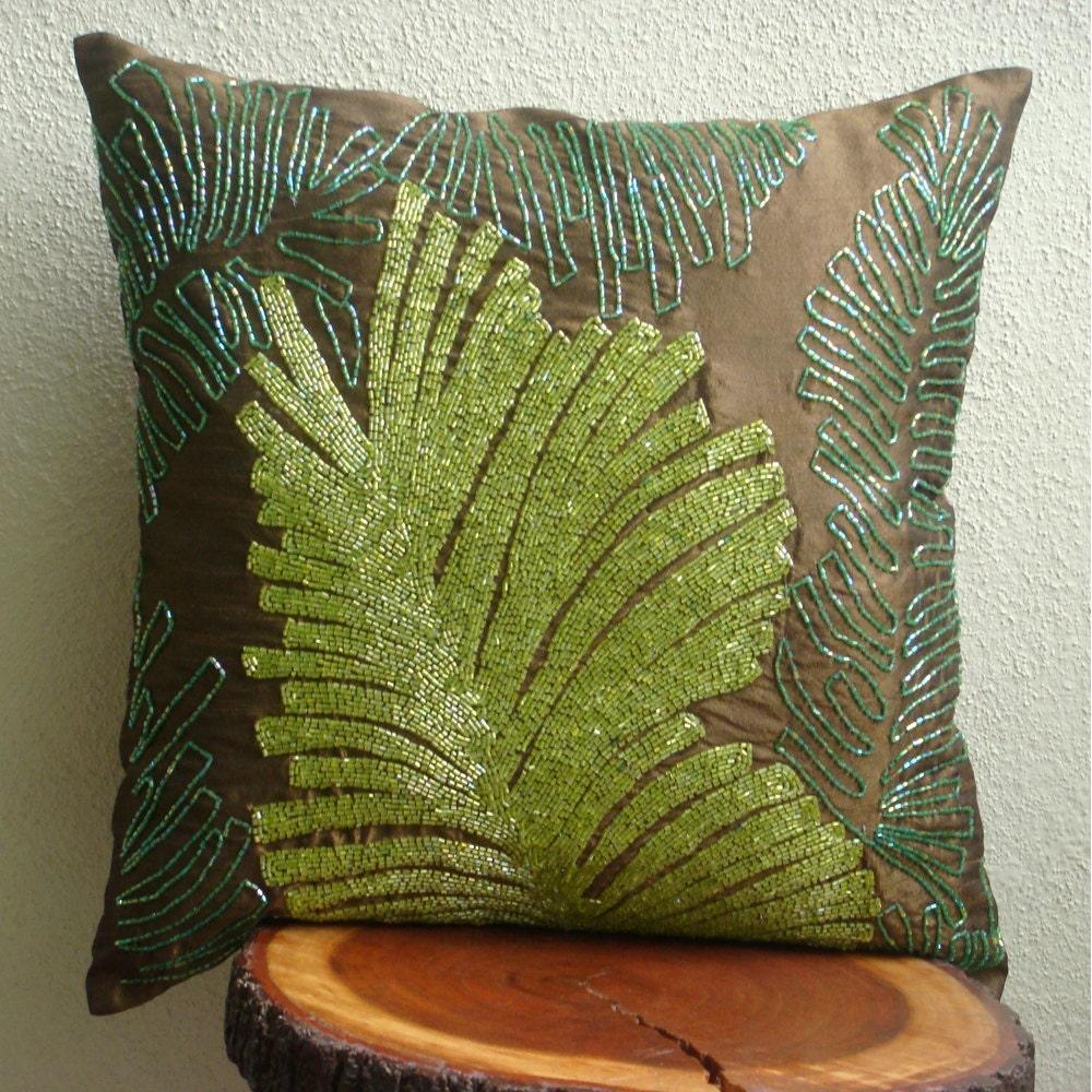 Brown Shams, Art Silk 24"x24" Beaded Leaf Botanical Pillow Shams - Rain Forest
