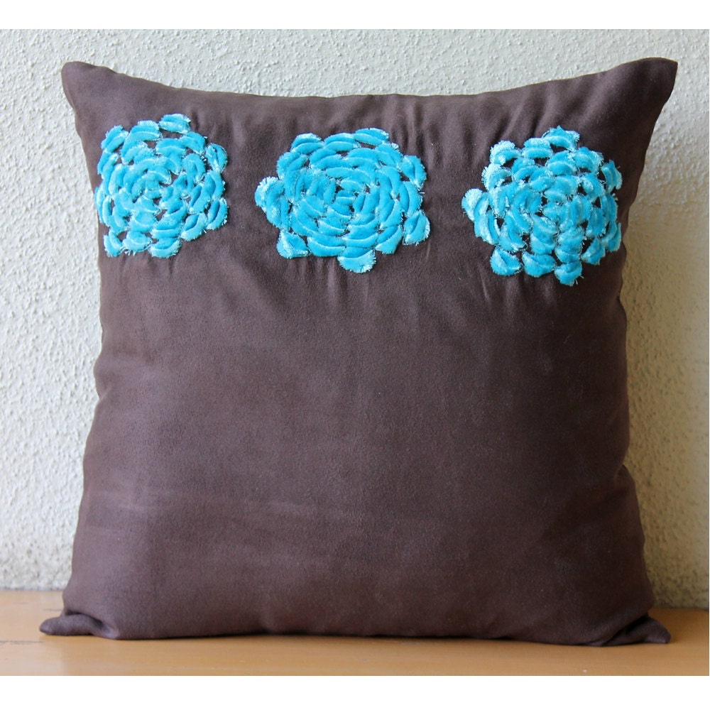 Brown Pillow Shams, Faux Suede 24"x24" Turquoise Origami Flower Floral Theme Pillow Shams - Turq Blooms