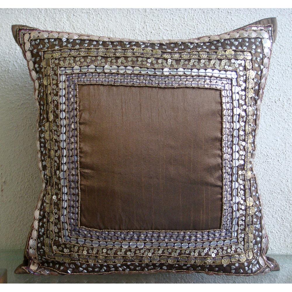 Brown Pillows Cover, Art Silk 14"x14" 3D Sequins Antique Bordered Throw Pillows Cover - Ethnic Origins