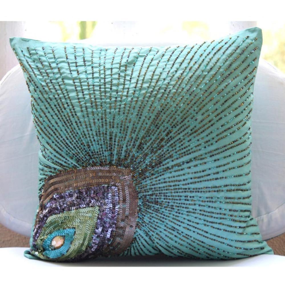 Aqua Blue Pillow Shams, Art Silk 24"x24" Peacock Feather Sequins And Beaded Sparkly Glitter Pillow Shams - Peacock Grace