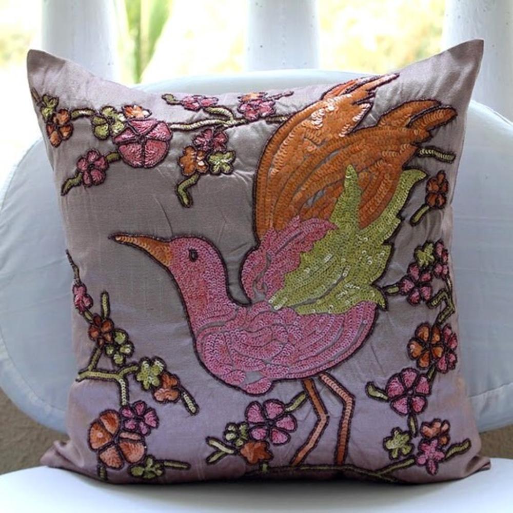 Pink Cushion Covers, Art Silk 22"x22" Colorful Bird Pillows Cover - Colorful Birdy