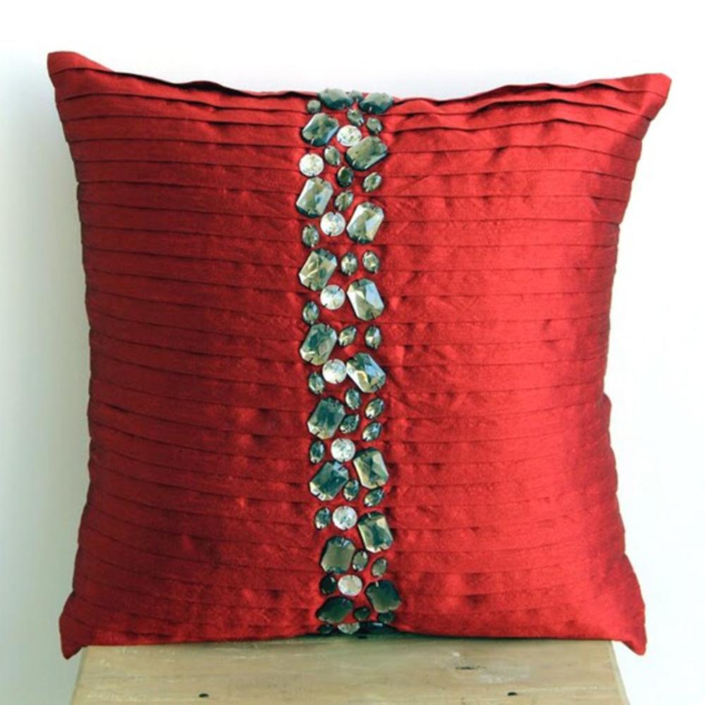 Red Pillow Covers, Art Silk 16"x16" Pintucks & Crystals Pillows Cover - Deep Red Crystals