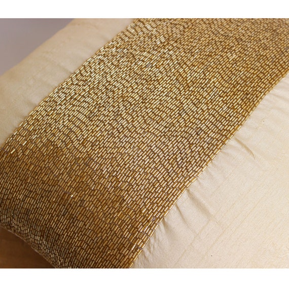 Gold Throw Pillows Cover For Couch, Art Silk 16"x16" Metallic Beaded Sparkly Glitter Pillow Covers - Gold Center