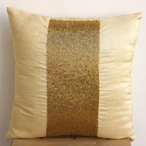 Gold Throw Pillows Cover For Couch, Art Silk 16"x16" Metallic Beaded Sparkly Glitter Pillow Covers - Gold Center
