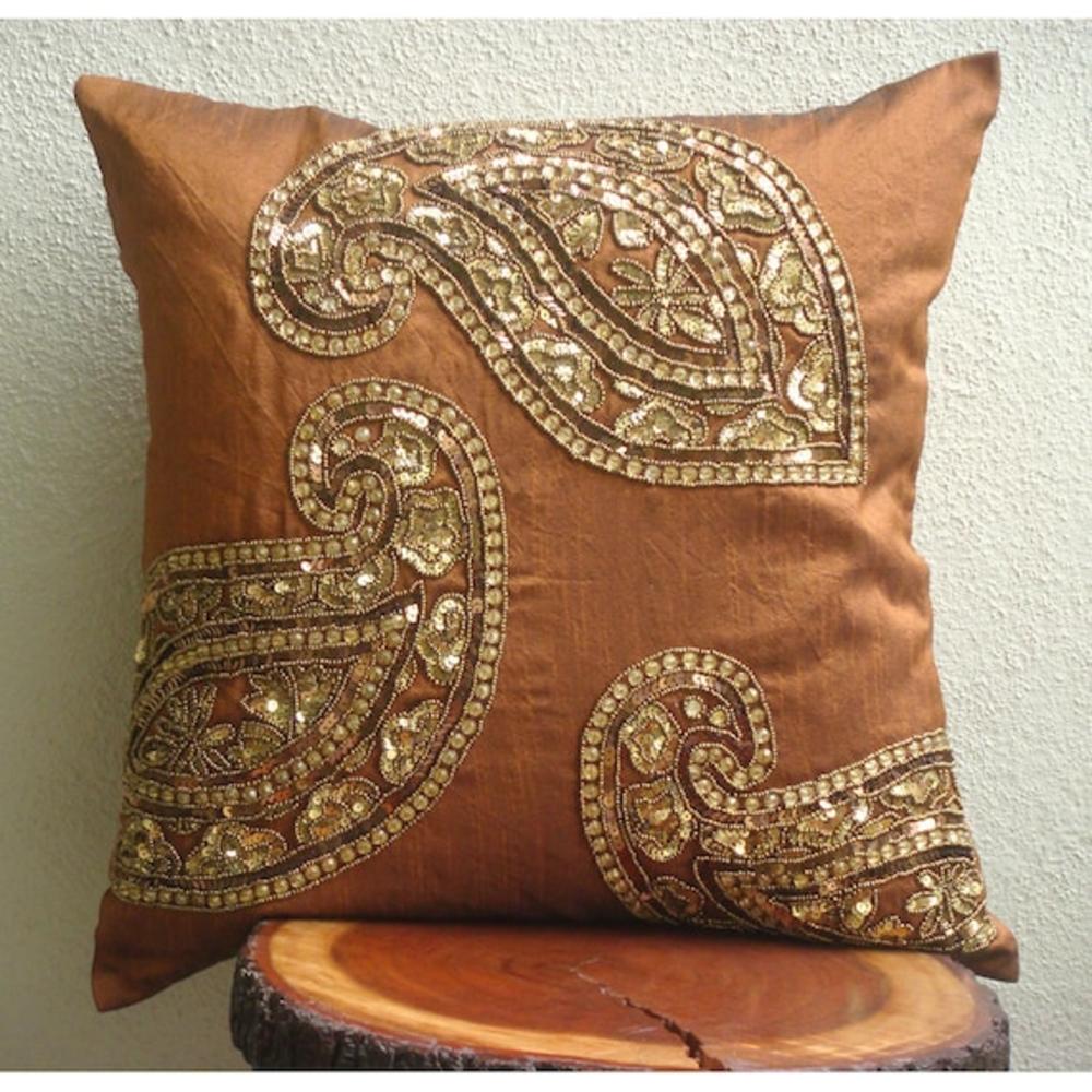 Orange Cushion Covers, Art Silk 22"x22" Indian Paisley Traditional Antique Pillows Cover - Traditional Paisleys