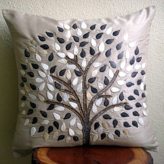 Grey Pillows Cover, Art Silk 16"x16" Pearls & Beaded Tree Pillows Cover - Gray Hope Tree