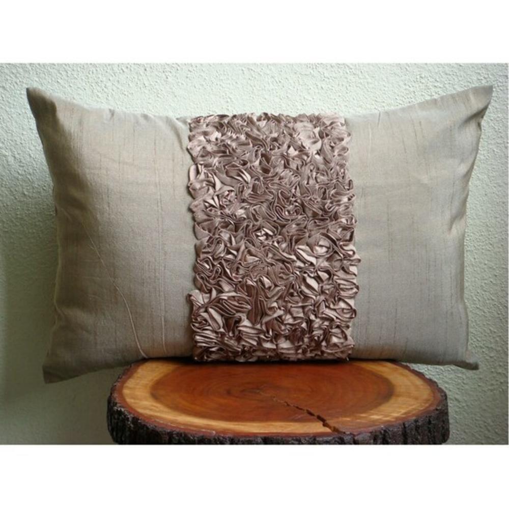 Brown Lumbar Pillow Cover, Art Silk 12"x26" Textured Ribbon Lumbar Pillow Cover - Champagne Brown Love