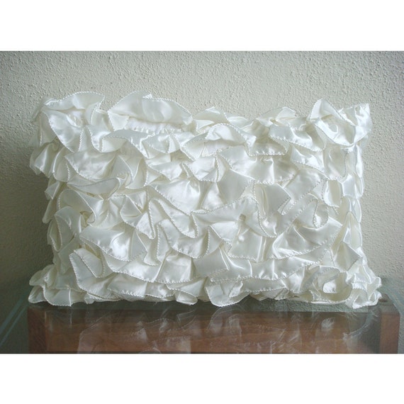 Ivory Lumbar Pillow Cover, Satin 12"x16" Vinage Style Ruffles Shabby Chic Lumbar Pillow Cover - Vintage Glam Ruffles