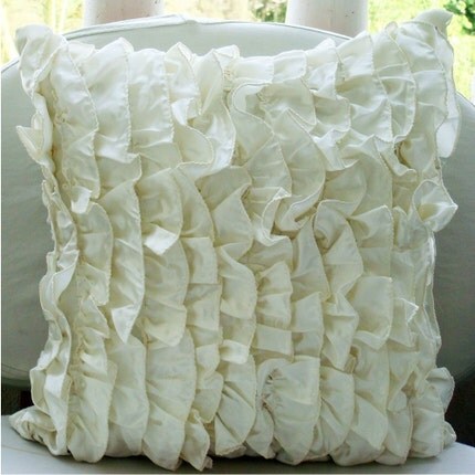 Ivory Pillow Covers, Satin 18"x18" Vinage Style Ruffles Shabby Chic Pillows Cover - Vintage