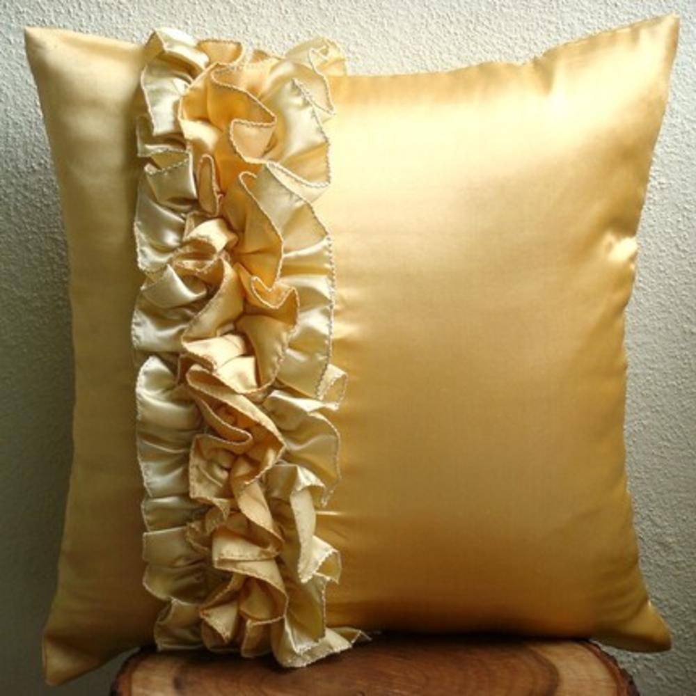 Gold Pillow Covers, Satin 18"x18" Vinage Style Ruffles Shabby Chic Pillow Covers - Vintage Honey