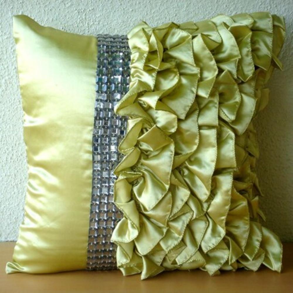 Lime Green Pillow Cases, Satin 18"x18" Vinage Style Ruffles With Crystals Shabby Chic Throw Pillows Cover - Crowning Glory