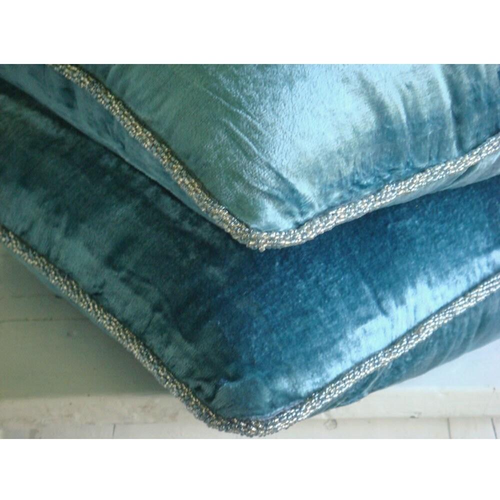 Blue Pillow Covers, Velvet 18"x18" Velvet Beaded Cord Pillows Cover - Blue Shimmer