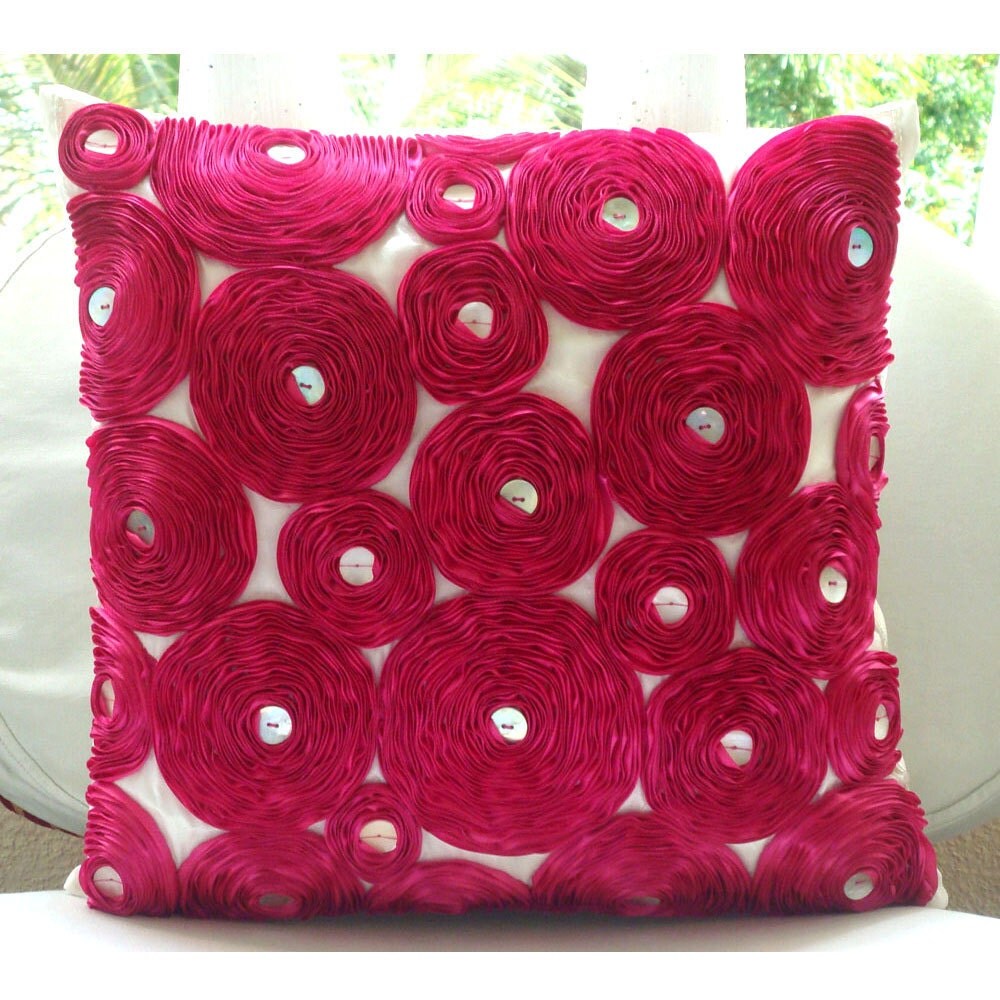 Fuchsia Pink Pillow Cases, Art Silk 18"x18" Ribbon Fuchsia Rose Flower Floral Theme Throw Pillows Cover - Vintage Joy