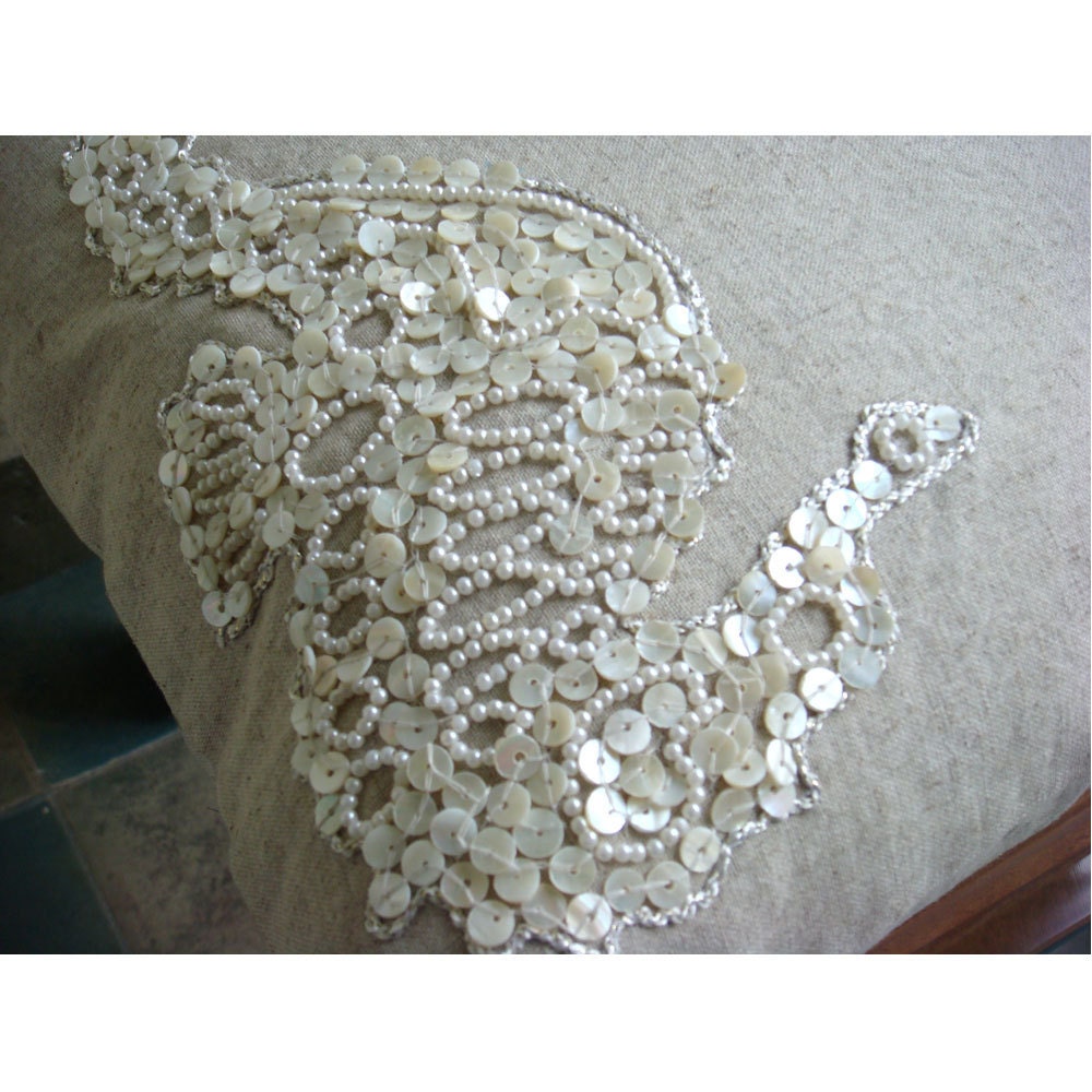 Ecru Pillows Cover, Cotton Linen 14"x14" Sea Horse Ocean And Beach Theme Pillows Cover - Sea Horse Pearls