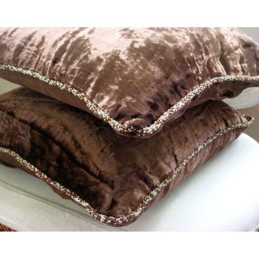 Dark Brown Decorative Pillows Cover, Velvet 20"x20" Solid Color Beaded Cord Throw Pillows Cover - Dark Chocolate Shimmer