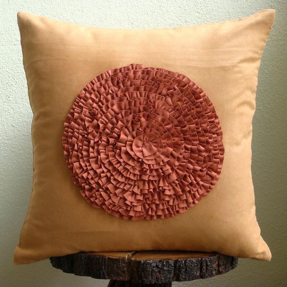 Rust Decorative Pillow Cover, Faux Suede 20"x20" Vinage Style Frills Medallion Pillow Cases - Vintage Rust