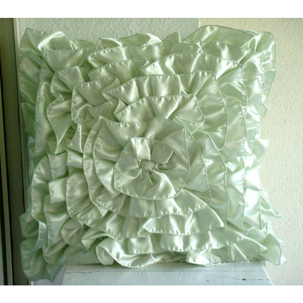 Mint Green Throw Pillows Cover, Satin 20"x20" Vinage Style Ruffles Pillows Cover - Mint Green Ruffles