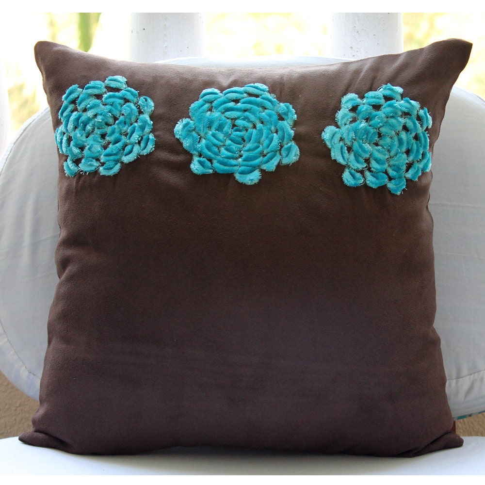 Brown Throw Pillows Cover For Couch, Faux Suede 20"x20" Turquoise Origami Flower Floral Theme Pillows Cover - Turq Blooms