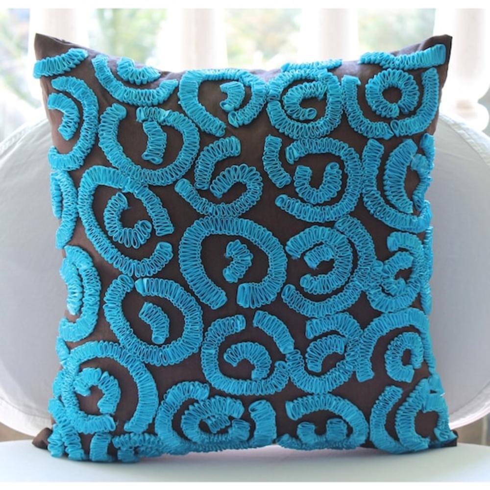 Brown Accent Pillows, Art Silk 20"x20" Ribbon Scroll Pillowcases - Brown And Blue Turq