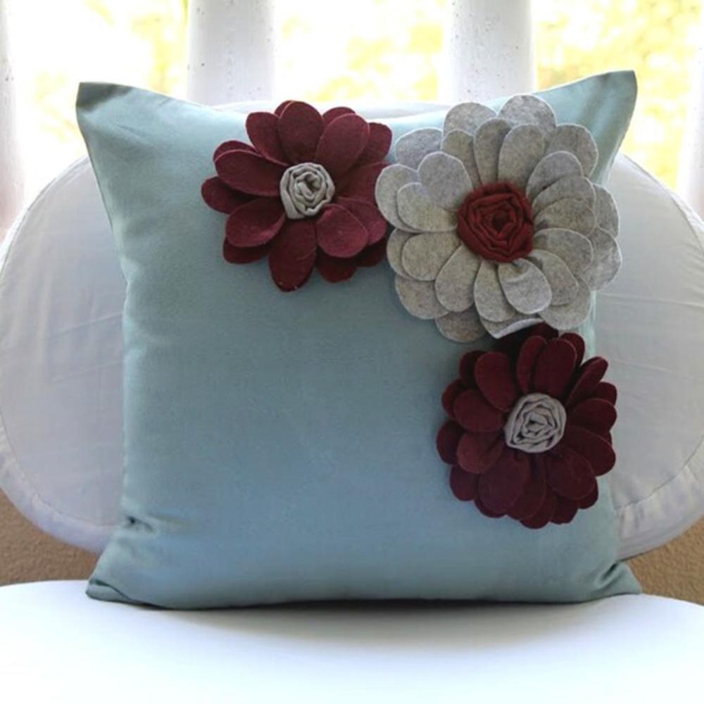 Light Blue Throw Pillows Cover, Faux Suede 20"x20" Felt Origami Flower Applique Floral Theme Pillows Cover - Full Bloom