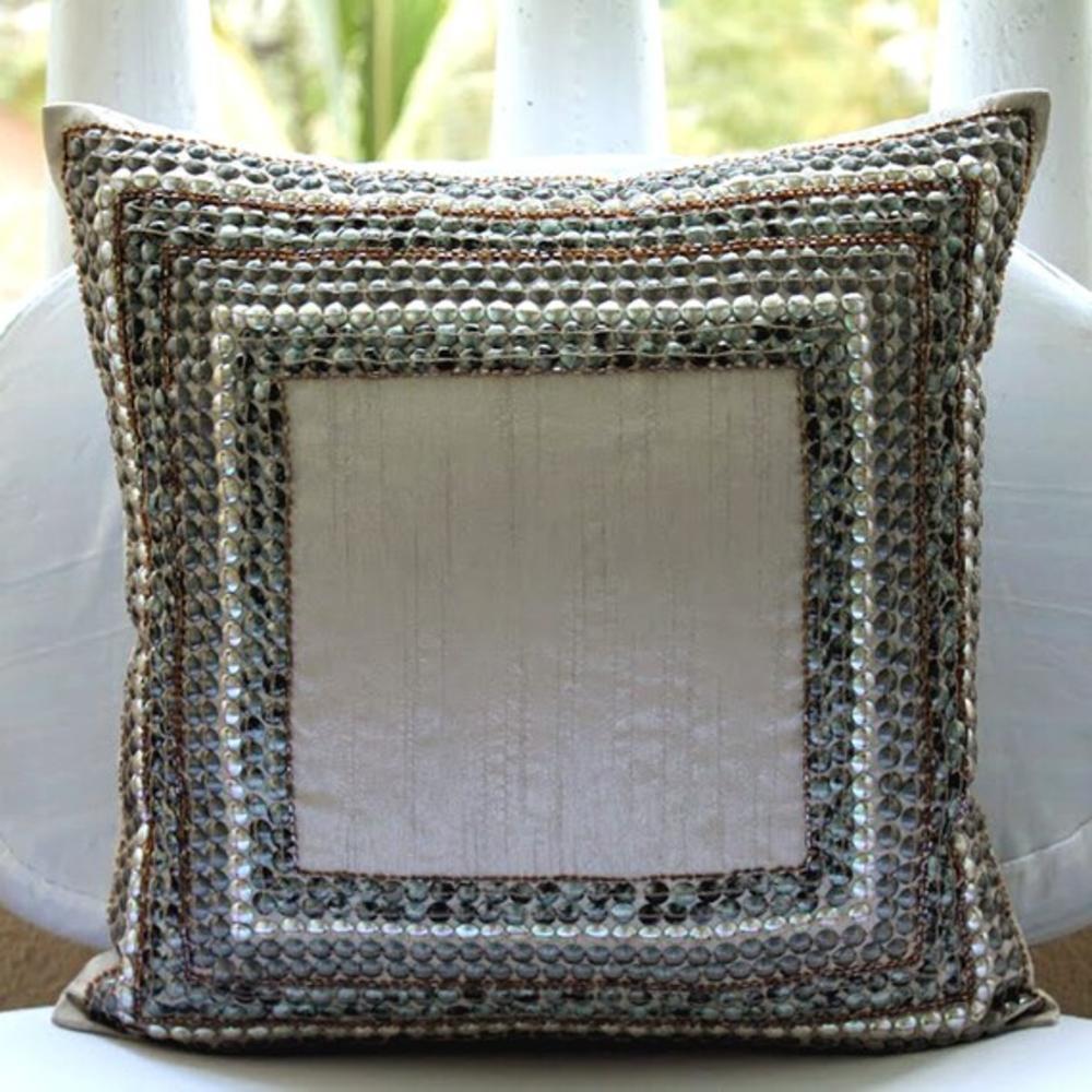 Light Grey Pillows Cover, Art Silk 20"x20" 3D Sequins & Beaded Antique Pillows Cover - Refreshed