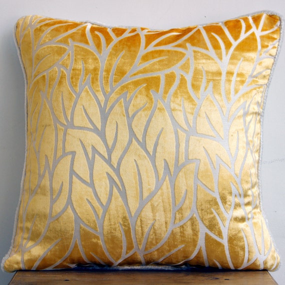 Mimosa Yellow Pillows Cover, Burnout Velvet 20"x20" Leaf Design Tropical Theme Pillow Covers - Mimosa Yellow Leaves