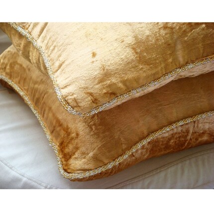 Gold Decorative Pillows Cover, Velvet 22"x22" Solid Color Beaded Cord Pillow Cover - Gold Shimmer