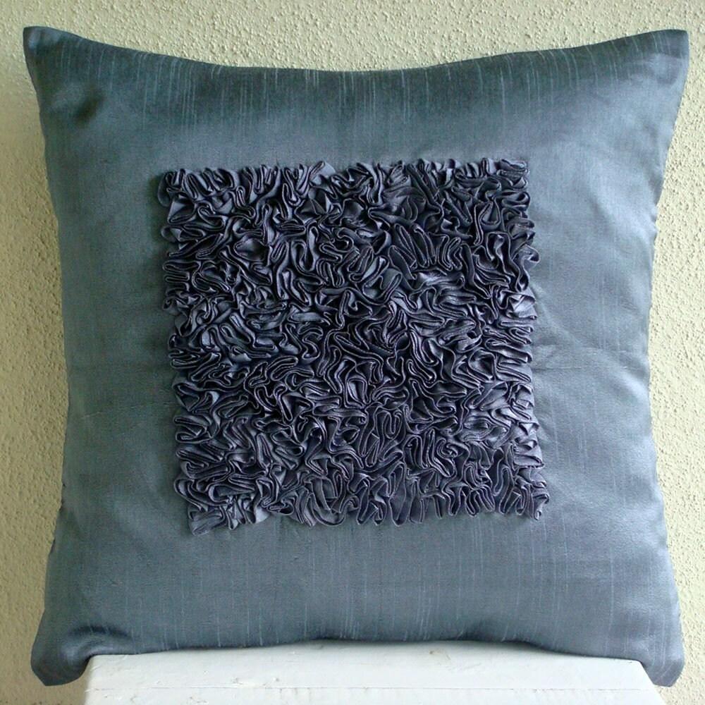 Blue Pillow Shams, Art Silk 24"x24" Textured Ribbon Centered Pillow Shams - Vintage Blue Love