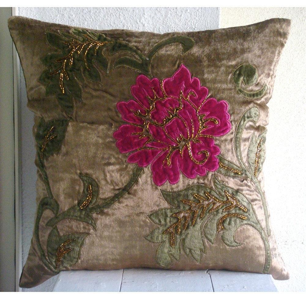 Brown Shams, Velvet 24"x24" Multicolor Applique Floral Pillow Shams - Applique Blossom