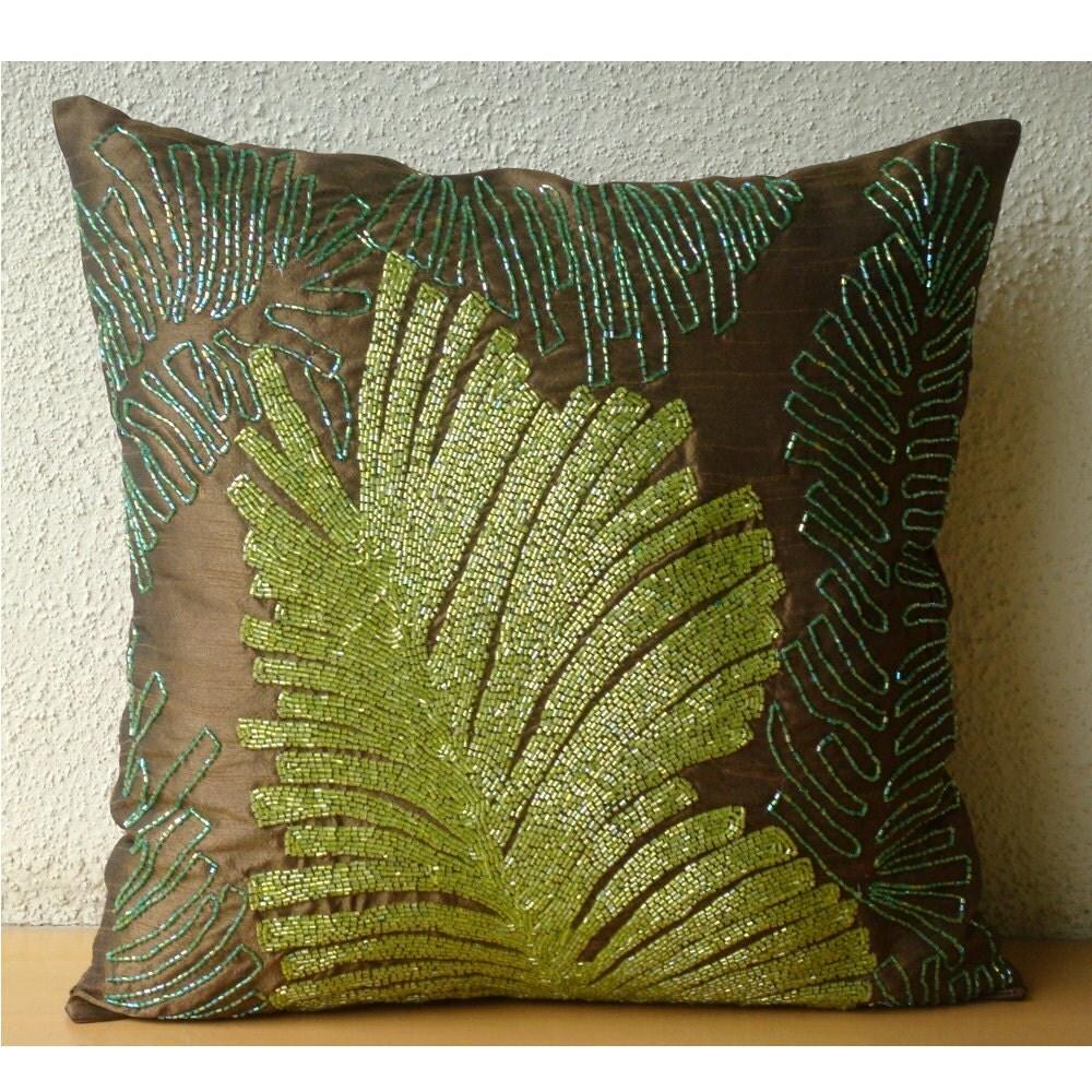 Brown Shams, Art Silk 24"x24" Beaded Leaf Botanical Pillow Shams - Rain Forest