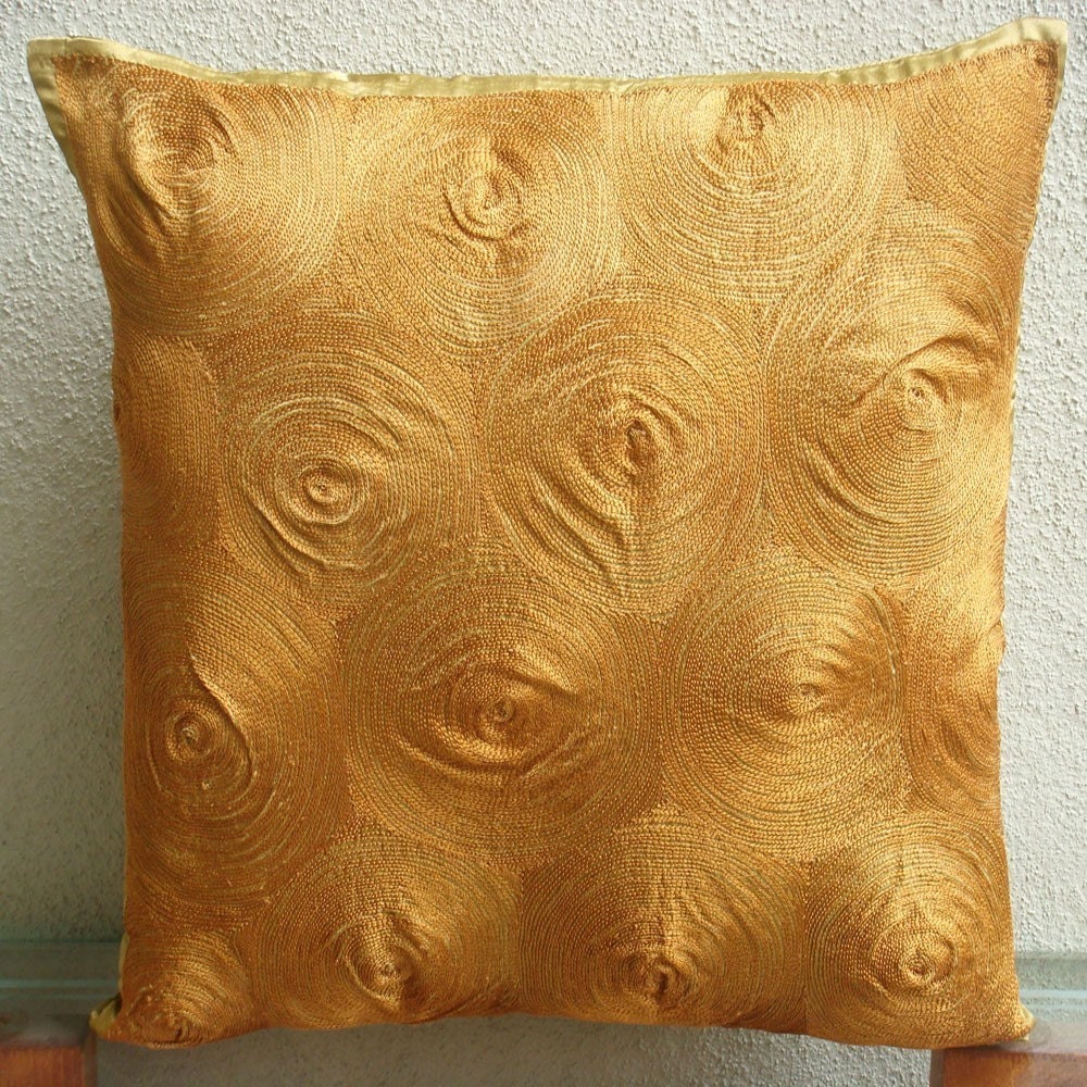 Gold Euro Pillow Covers, Satin 26"x26" Embroidered Spiral Euro Pillow Shams - Magical Threads
