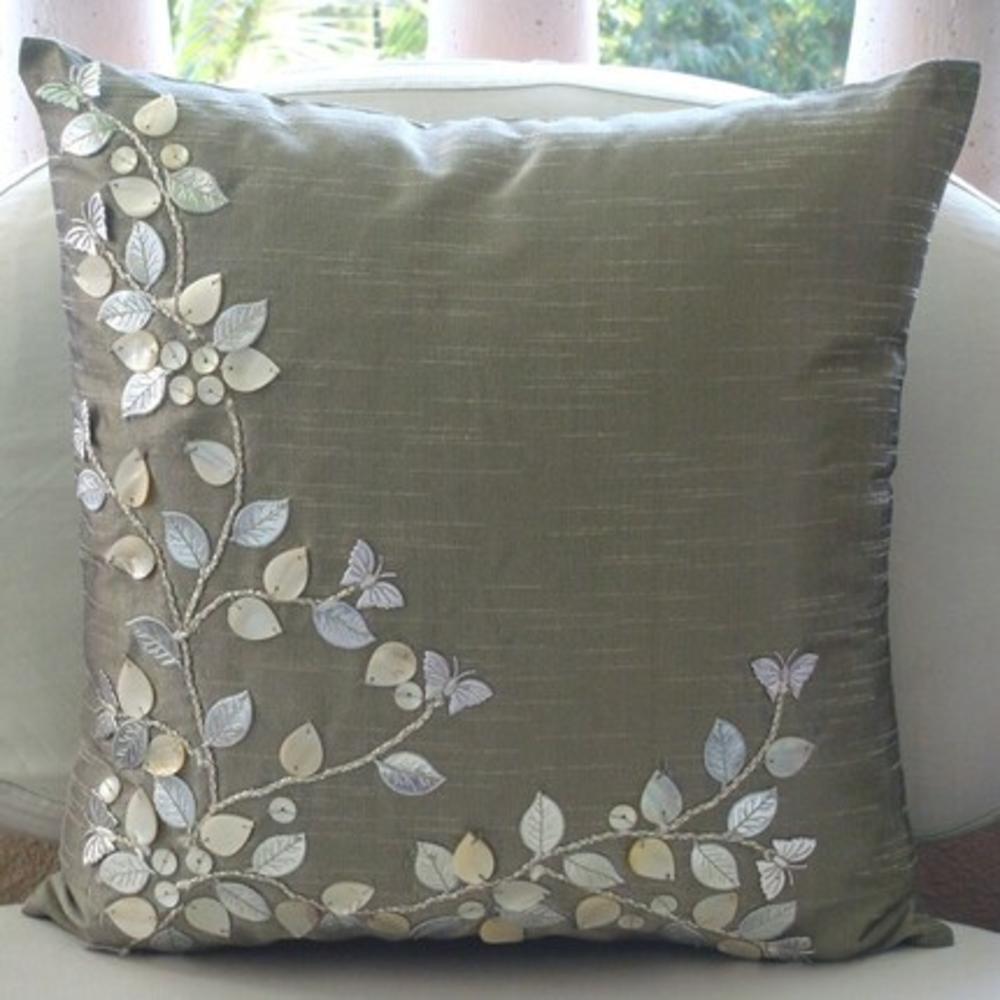 Silver Euro Shams Covers, Art Silk 26"x26" Leather And Pearl Leaves Euro Pillow Shams - Silver Beauty