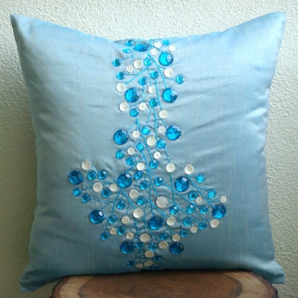 Aqua Blue Euro Sham, Art Silk 26"x26" Anchor Design Crystals Nautical Euro Pillow Shams - Crystal Anchor
