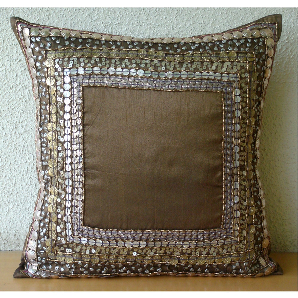 Brown Euro Pillow Covers, Art Silk 26"x26" 3D Sequins Antique Bordered Euro Shams - Ethnic Origins