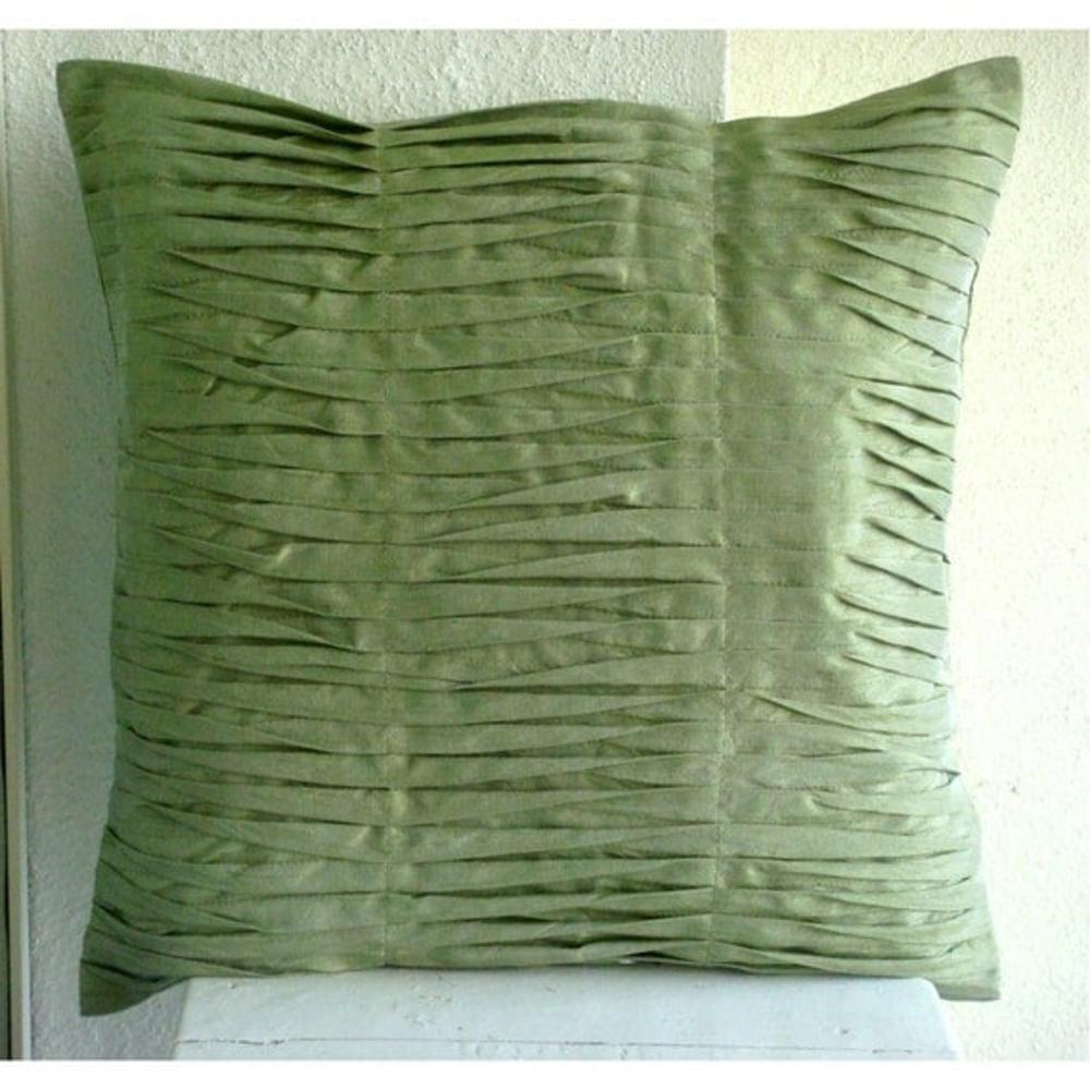 Green Euro Pillow Covers, Art Silk 26"x26" Textured Pintucks Solid Color Euro Pillow Shams - Green Waves