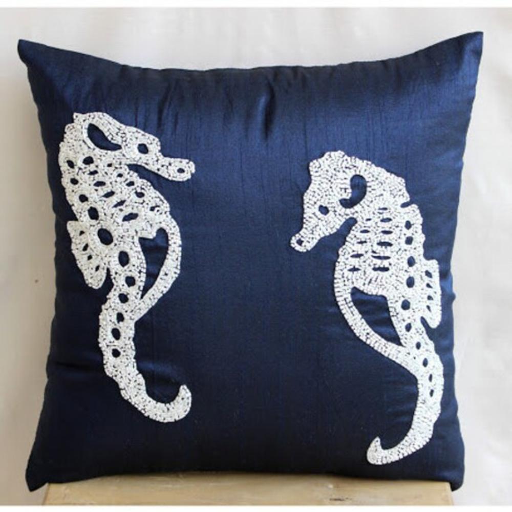 Navy Blue Euro Pillow Covers, Art Silk 26"x26" Beaded Sea Horse Ocean And Beach Theme Euro Pillow Shams - Navy Blue Sea Horse