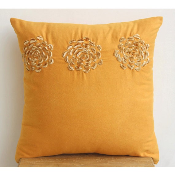 Gold Euro Sham, Faux Suede 26"x26" Origami Flower Floral Theme Euro Pillow Shams - Gold Sawaan