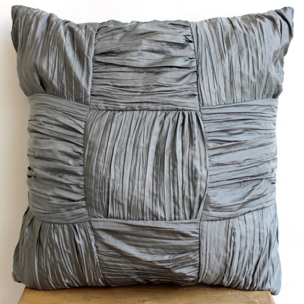 Grey Euro Shams, Crushed Art Silk 26"x26" Checkered Crushed Solid Color Euro Pillow Shams - Dreamy Silver Gray