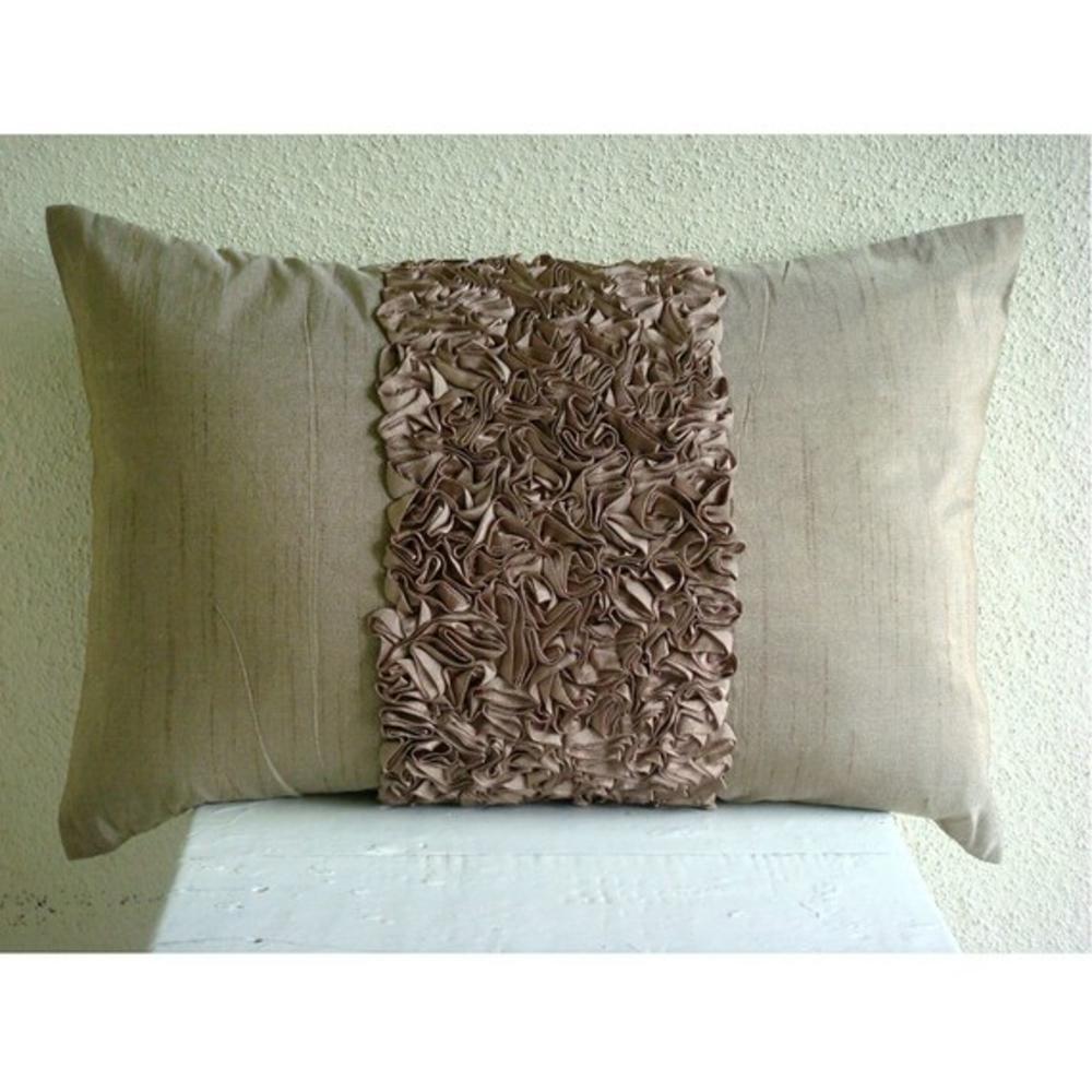 Brown Lumbar Pillow Cover, Art Silk 12"x26" Textured Ribbon Lumbar Pillow Cover - Champagne Brown Love
