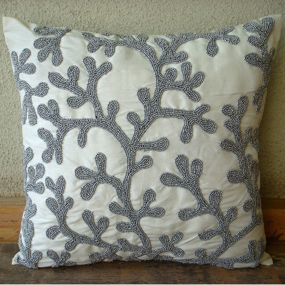 Silver Pillow Cases, Art Silk 14"x14" Beaded Corals Beach And Ocean Theme Pillows Cover - Silver Coral