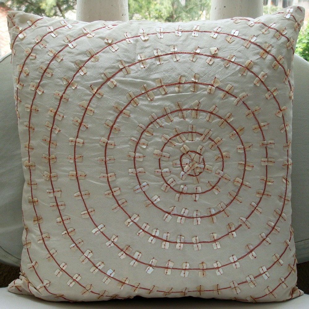 White Throw Pillow Covers, Art Silk 14"x14" Spiral Mother Of Pearls Throw Pillows Cover - The Wheel Of Pearls