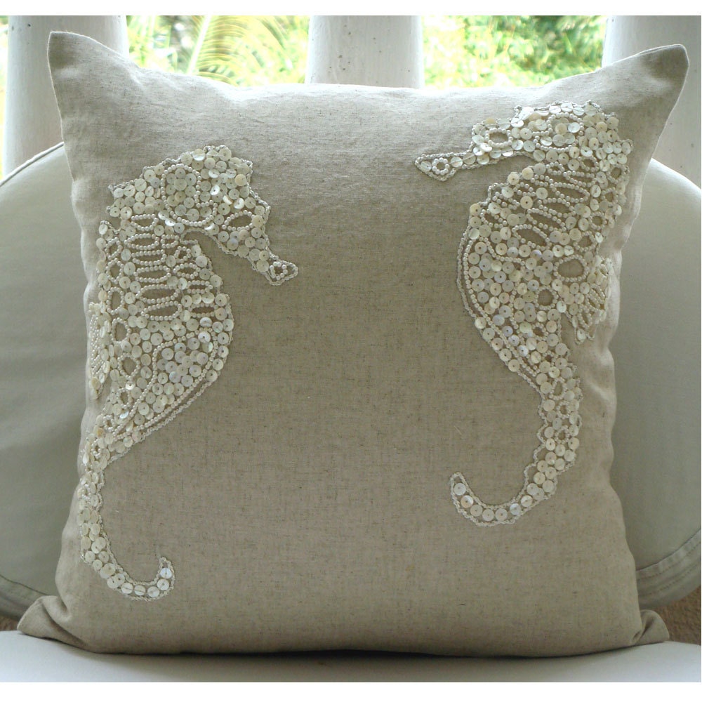 Ecru Pillows Cover, Cotton Linen 14"x14" Sea Horse Ocean And Beach Theme Pillows Cover - Sea Horse Pearls