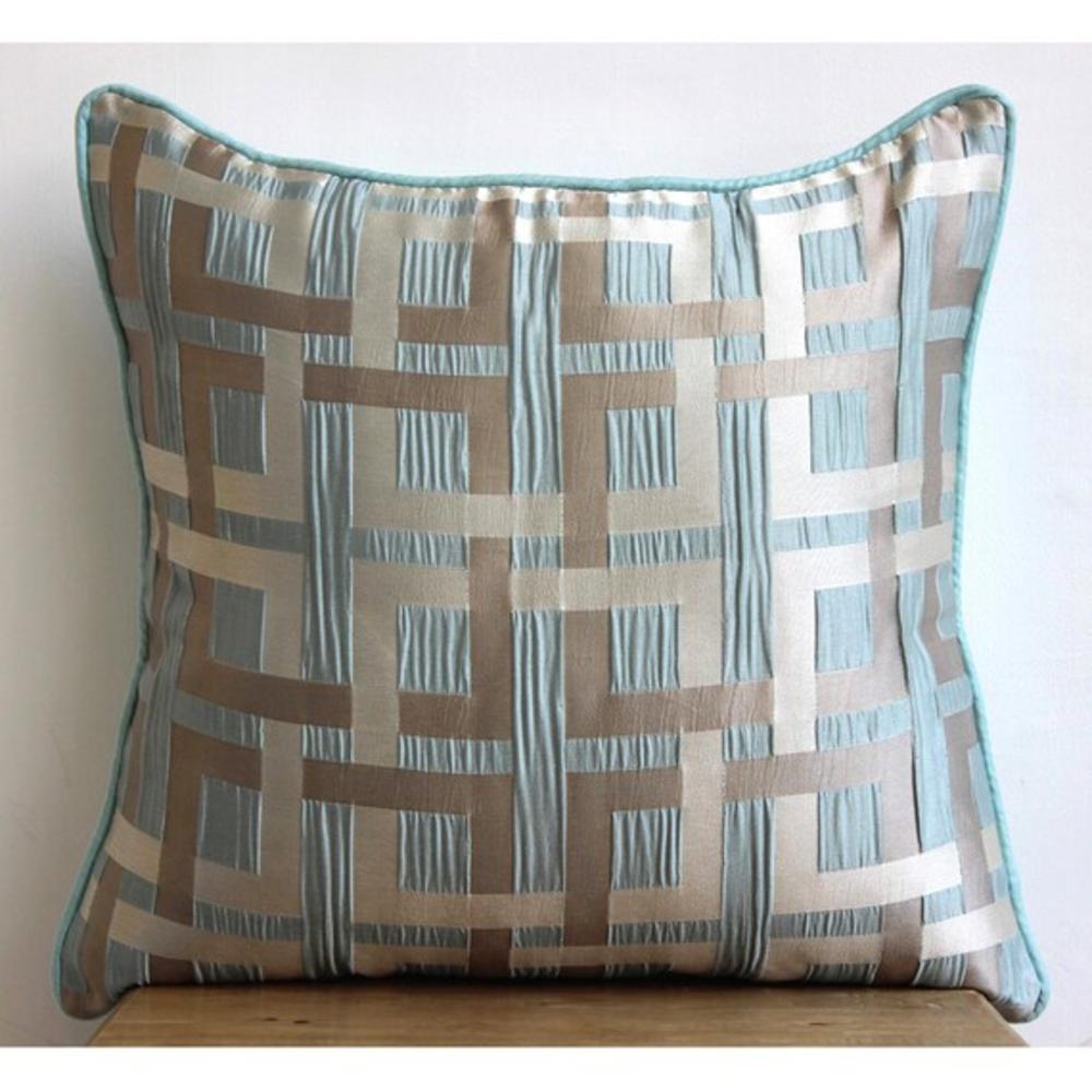 Sea Green Throw Pillow Covers, Jacquard Weave 14"x14" Maze Optic Striped Pillows Cover - Opulence