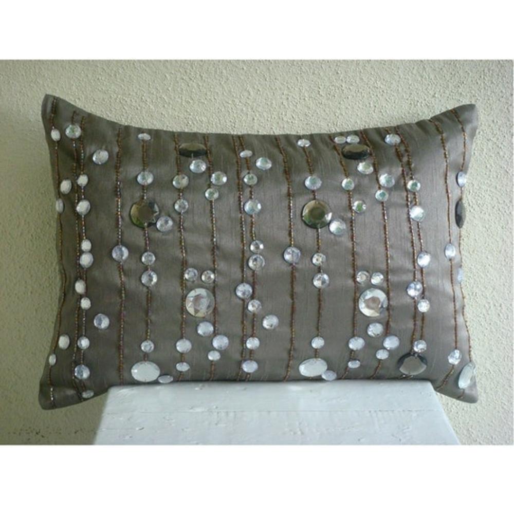 Grey Standard Pillow Shams, Art Silk 20"x26" Lined Crystals Sparkly Standard Pillow Shams - Diamond Dreams