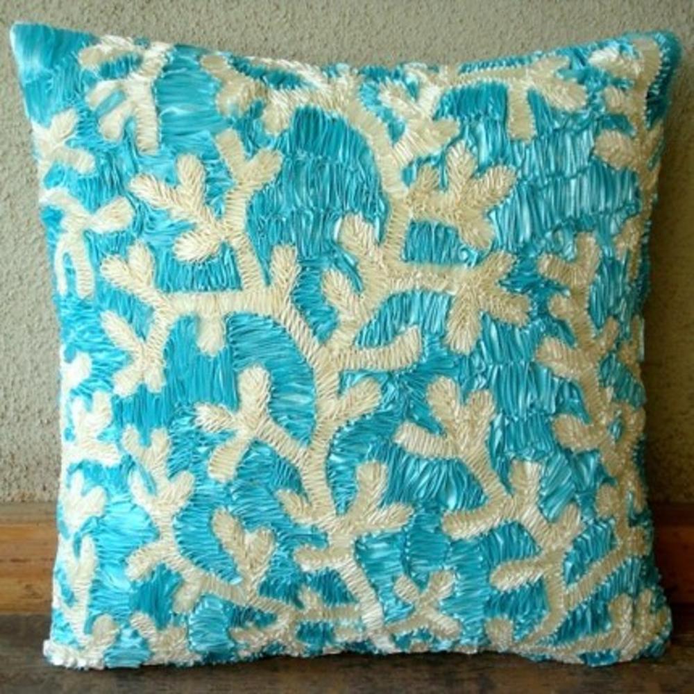 Blue Euro Shams, Art Silk 26"x26" Corals Ribbon Beach And Ocean Theme Euro Pillow Shams - Aqua Ornate